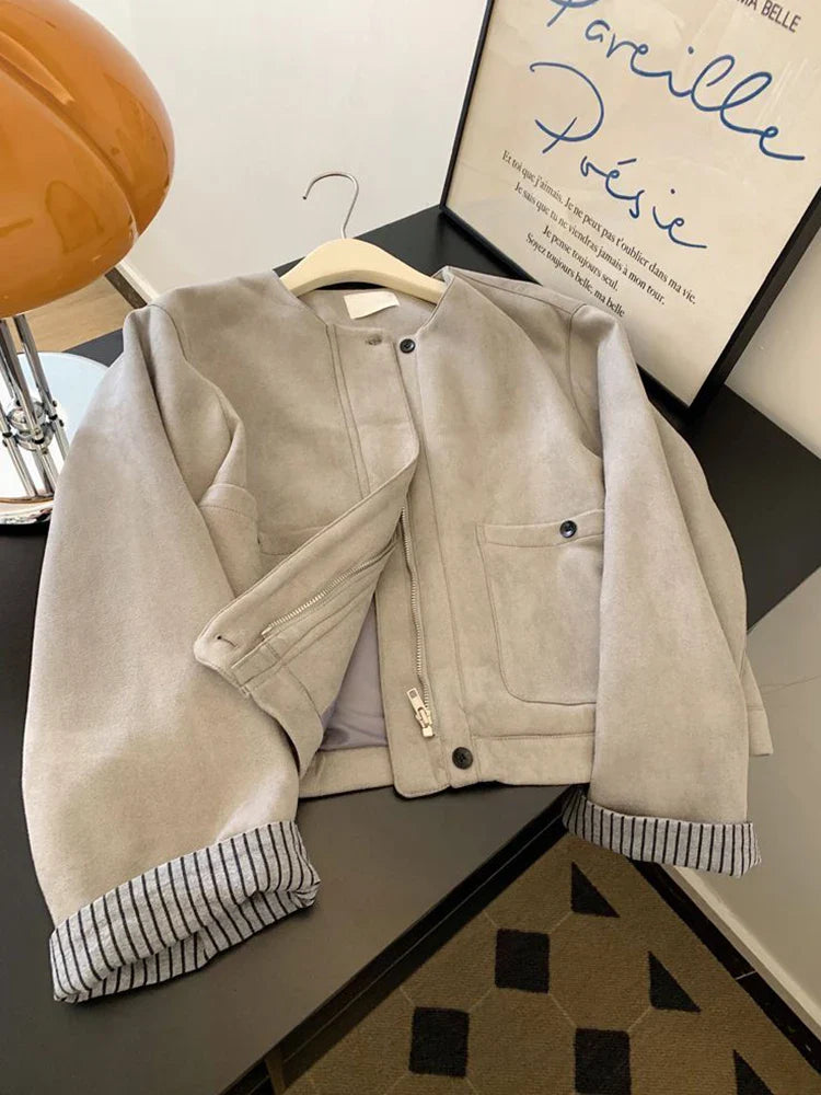 Women Faux Suede Y2K Jacket American Retro O Neck Long Sleeve Casual Coat Retro Casual Harajuku Streetwear Fall Winter Tops