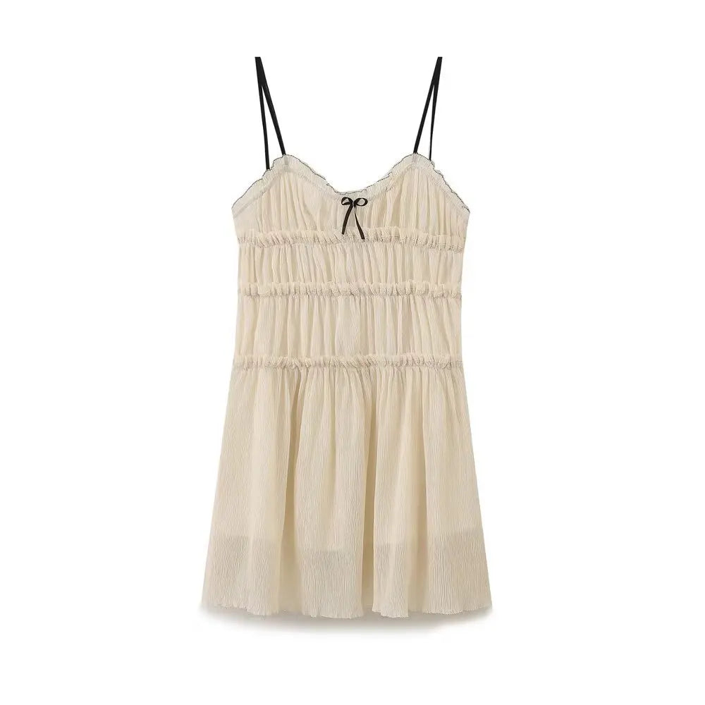 French Fashion Bow Short Dress 2025 New High Waist Loose Casual Slip Dress Chic Vestidos Double Layer Summer Woman Clothing