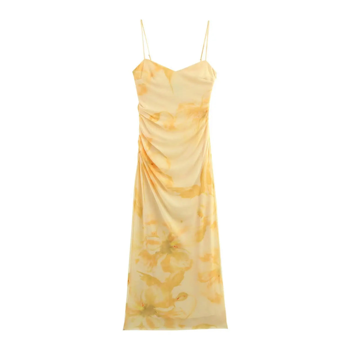Flower Print Yellow Fashion Long Dress 2025 New Sleeveless V-neck Tulle Slim Sexy Party Dress Vacation Beach Woman Clothing