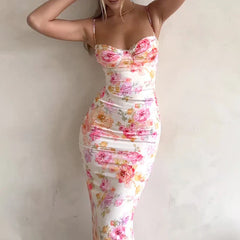 Elegant Lace Trim Flowers Printing Maxi Dress