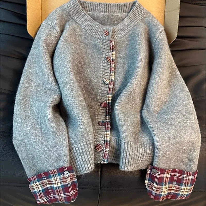 Women's Grey Red Round Neck Long Sleeve Cardigan Sweater Y2K Harajuku High Street Fashion Elegant Retro Casual Top Sweater 2025