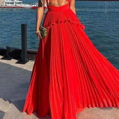 Women Maxi Dress Fashion Solid Suspender Sleeveless V Neck Open Waist Slim Backless Pleated Evening Dresses Streetwear