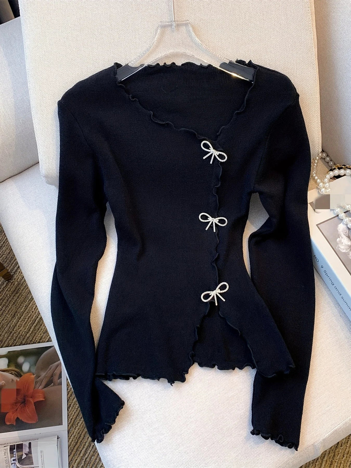 Black/White Solid Lettuce Trim Bowknot Pullover Sweater Y2K Casual Long Sleeve Sweater For Spring & Fall Women's Clothing