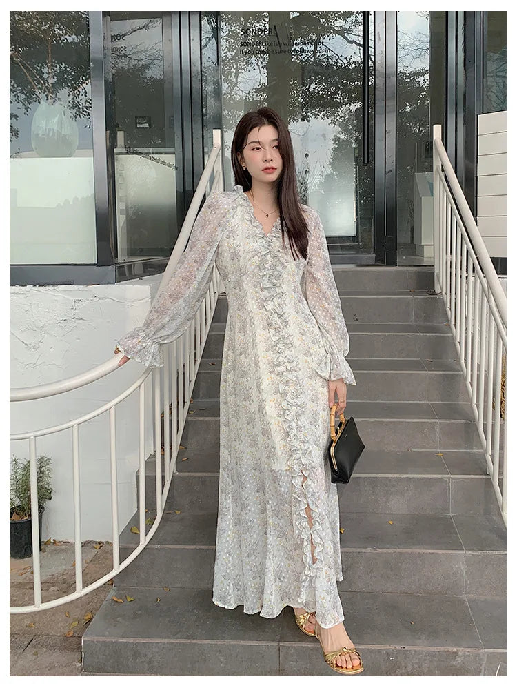Korean Floral Print Sweet Long Dress 2025 New V-neck Ruffle Chic Spring Dress Lantern Sleeve Slit Fashion Vacation Summer Dress