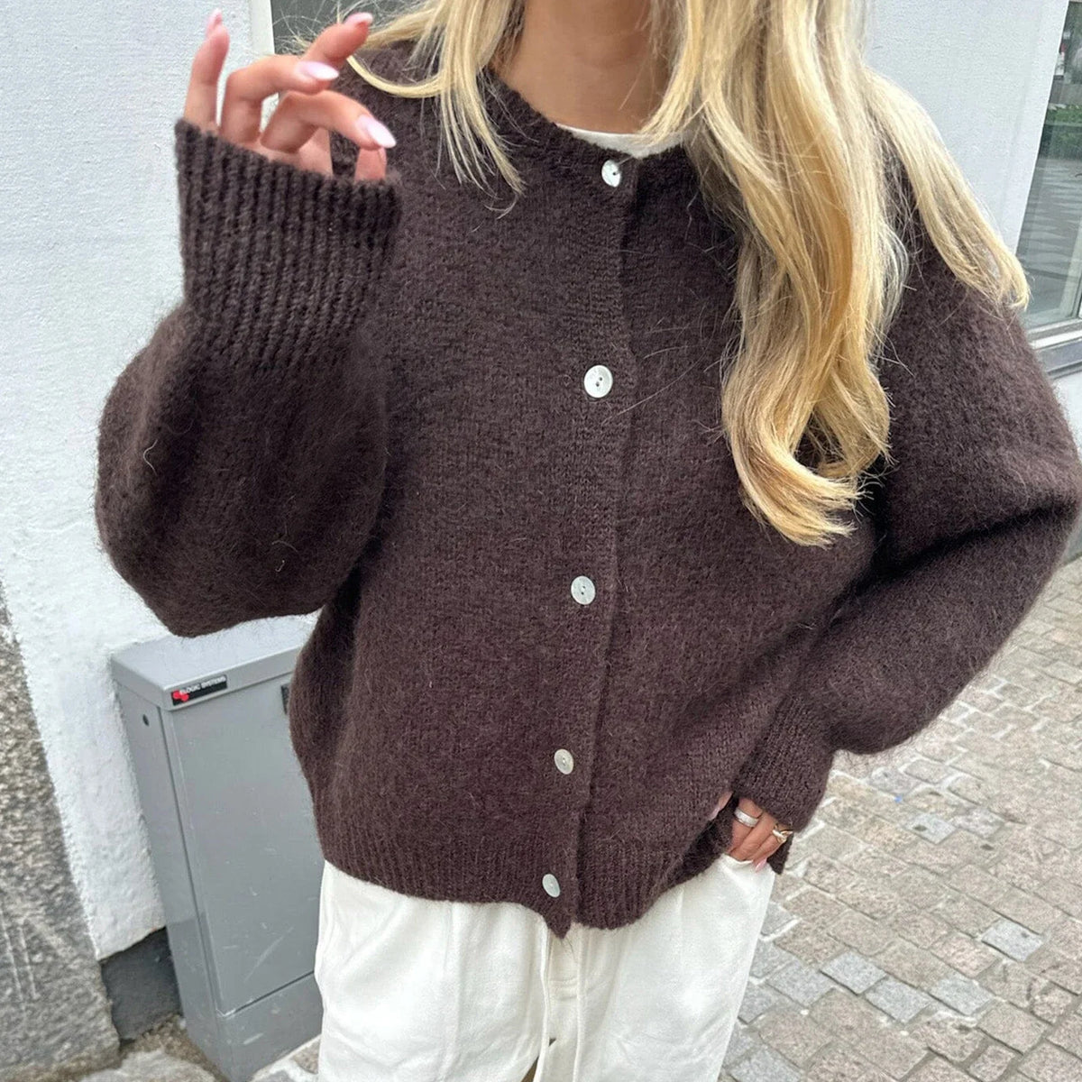 Pbong  Women's Knit Outerwear Solid Color Cardigan Fuzzy Long Sleeve Button Down Sweater Soft Knit Tops