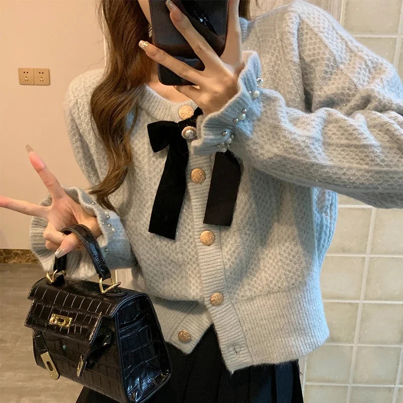 Elegant Women Knitted Cardigan Bow Cute Long Sleeve O-Neck Bright Silk Single Breasted Korean Style Sweater Party Autumn