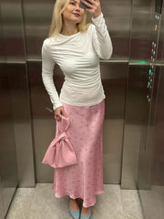 2025 Summer Floral Printed Pink Long Skirt For Women Casual High Waist Slim Elegant Party Maxi Skirt Female Stain Dress Clothes