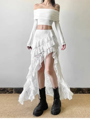 Elegant Tulle Ruffle Skirt Women Boho Lace Vintage White Irregular Skirt Korean Style Summer Layered Mid Skirts Street