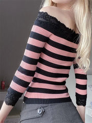 Pbong  Women Long Sleeve Knit Tops Off-Shoulder Striped Casual Pullovers Sweater Fall Shirts  Y2K Aesthetic Clothes Streetwear