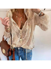 Women's Retro Ethnic V-Neck Lace Chiffon Shirt Casual Loose Office Top Spring Fashion Ladies Tops