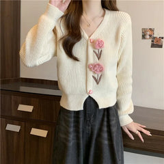Flower Applique Knit Cardigan Autumn Winter Women Cardigan Sweater Coats Long Sleeve Crop Knitted Jackets Cute Outfit