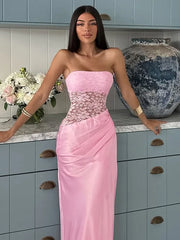 Lace Splice Strapless Dress For Women Hollow Sexy Sleeveless Backless Dress Pleated Elegant Slim Beach Vacation Dress