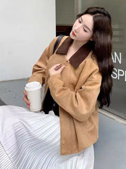 American Faux Suede Jacket Women Retro Loose Streetwear Y2K Coat Casual Fall Winter Long Sleeve Pockets Female Vintage Tops