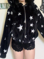 Autumn Winter New Y2k Women's Long Sleeve Hoodies Star Print Velvet Zipper Straight Loose Cardigan Design Warm