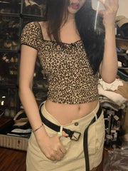 Leopard Print T-shirt Women Y2k Harajuku Slim Crop Top Kpop Korean Vintage Sexy Square Collar Short Sleeve Tee Summer