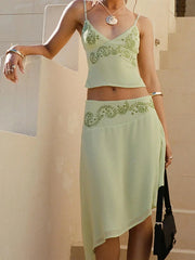 Women's 2 Piece Skirts Outfits Floral Print Spaghetti Strap V-Neck Cami Tops Asymmetrical Midi Skirts Clothes Set
