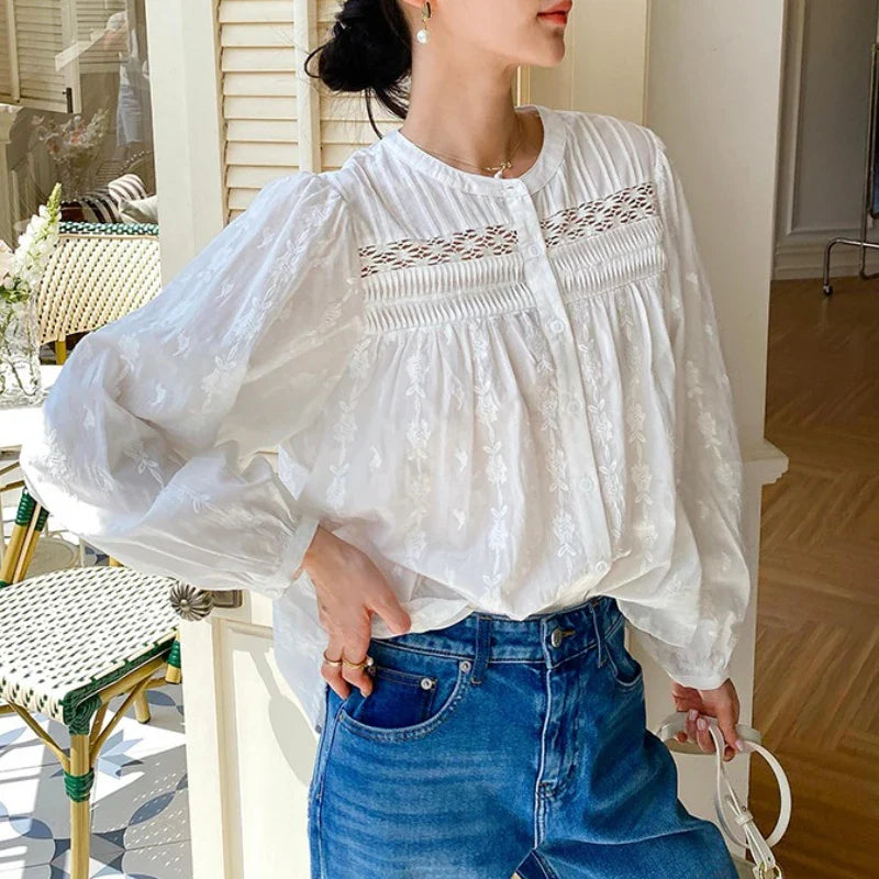 Elegant Pretty  Blouses Shirts Women Tops Floral Whole Piece Embroidery Long Sleeve O Neck Boho 100% Cotton Blouse Shirt Autumn