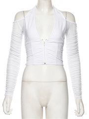 Elegant Sexy V-neck Mesh Tops Summer Women's See through Off Strapless Sleeve Crop Top  Club Party Tee shirts Mujer