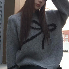 Elegant Bow Sweaters Women Vintage Y2k Knitted Pullovers Autumn Winter Loose Long Sleeve Aesthetics Streetwear Jumpers