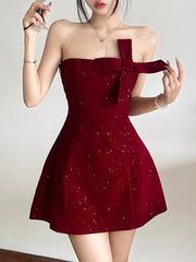 Trendix Sequins Tube Top Dress Ladies Fashion Bow Patchwork High Waist Sleeveless Mini Dress Party Sexy Off Shoulder Dress Women