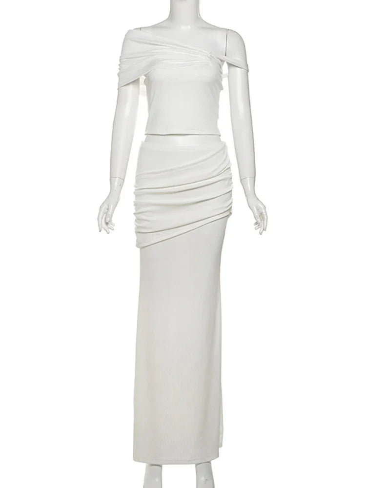 Solid Slim Long Skirt Suit For Women Slanted Shoulder Tank Top Sexy Ruched Splice High Waist Skirt Sets Summer New Ladies