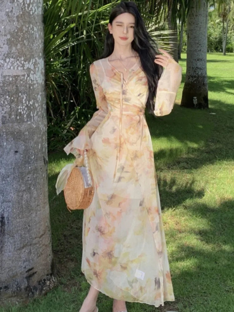 Autumn Women Printed A-line Long Dresses Elegant Flare Sleeve V-neck Dress Vintage Casual Birthday Vestidos Female Clothes New