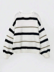 Casual contrasting striped round neck long sleeved women's knitted sweater