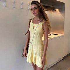Elegant Knitted Dress Fashionable Sleeveless Sexy Hollow Backless Ruffle Dress Casual Resort Summer New Women's Dresses