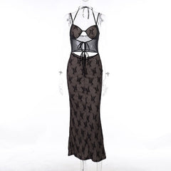 Hollow Out Print Back Split Maxi Dress Women Gown Summer New Black Sleeveless Bodycon Sexy Party Long Dress Vestidos