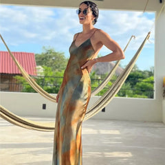 Fashion V-neck Satin Party Dress Vacation Beach Slim Women Long Dress Tie Dye Printing Streetwear Summer Slip Dresses New