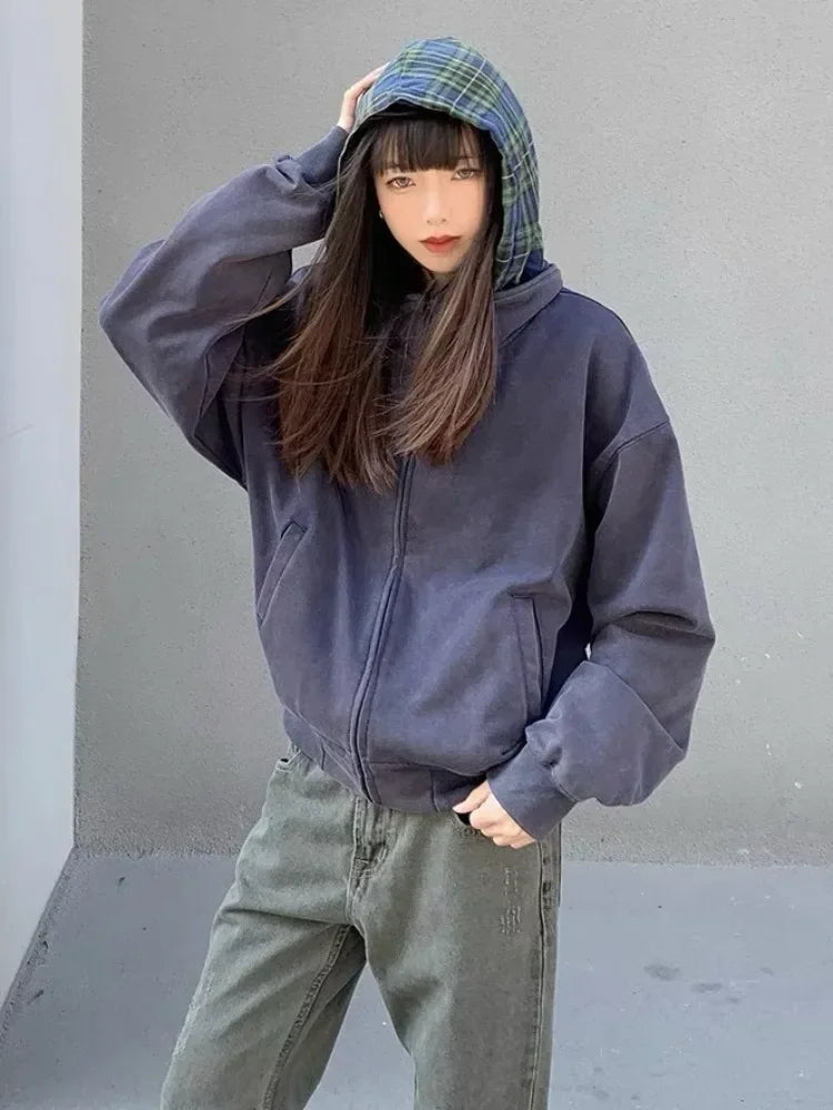 American Vintage Plaid Zip Up Hoodies Women Y2k Streetwear Hooded Sweatshirts Female Kpop Harajuku Long Sleeve Tops