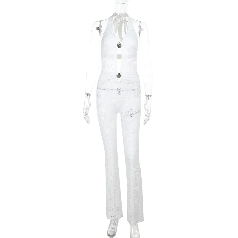 Lace Hollow Halter Jumpsuit for Women See Through Sleeveless Sexy Hot Girl Jumpsuit Backless Club Party Slim Summer New
