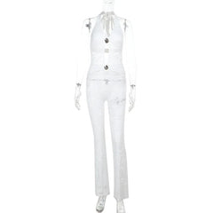 Lace Hollow Halter Jumpsuit for Women See Through Sleeveless Sexy Hot Girl Jumpsuit Backless Club Party Slim Summer New