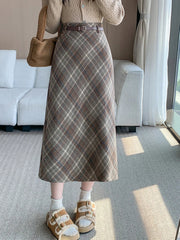 Faux Woolen Plaid Long Skirt Women Vintage Slim High Waist Back Slit Belt Skirts Korean Fall Winter Elegant Long Skirts New