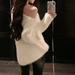 Fuzzy Knit Sweater for Women Soft Fluffy Boat Neck Tunic Tops Fitted Rib-knit Plain Jumper Female Autumn Winter Basic Outfit