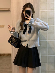Elegant Women Knitted Cardigan Bow Cute Long Sleeve O-Neck Bright Silk Single Breasted Korean Style Sweater Party Autumn