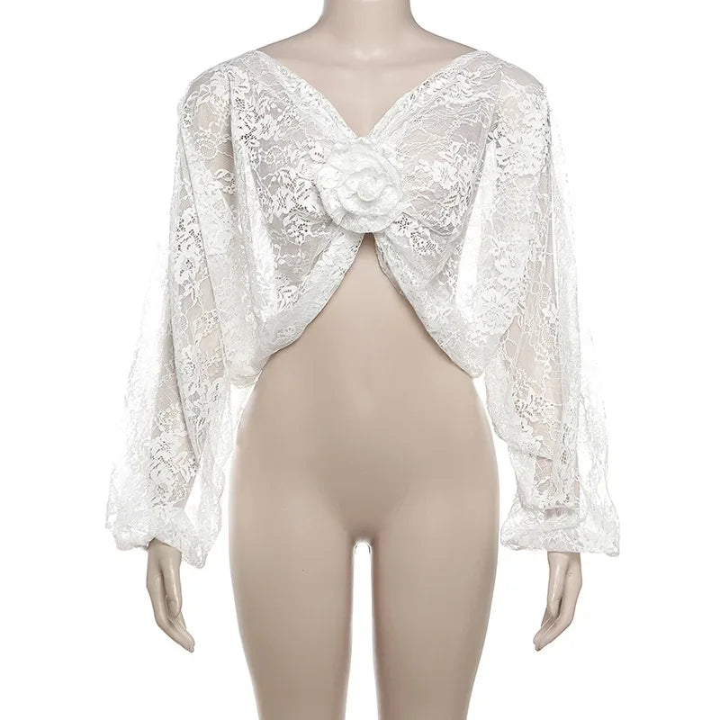 Flower Splice Mesh Shirts For Women Sexy See Through Loose Long Sleeve Crop Tops Hot Girls Club Lace Shirt Lady New