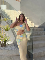 Sexy Knitted Beads Top Long Skirt Woman's Set Casual Beach 3D Flowers Tops Hollow Out Low Waist Skirts Sets Female Party Holiday