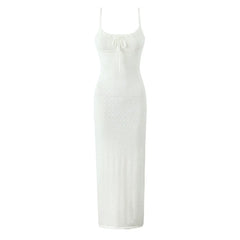 Eyelets Knit Tight Long Dress White Solid Color Women Dress For Summer Spring Square Collar Sleeveless Sexy Beach Party Dresses