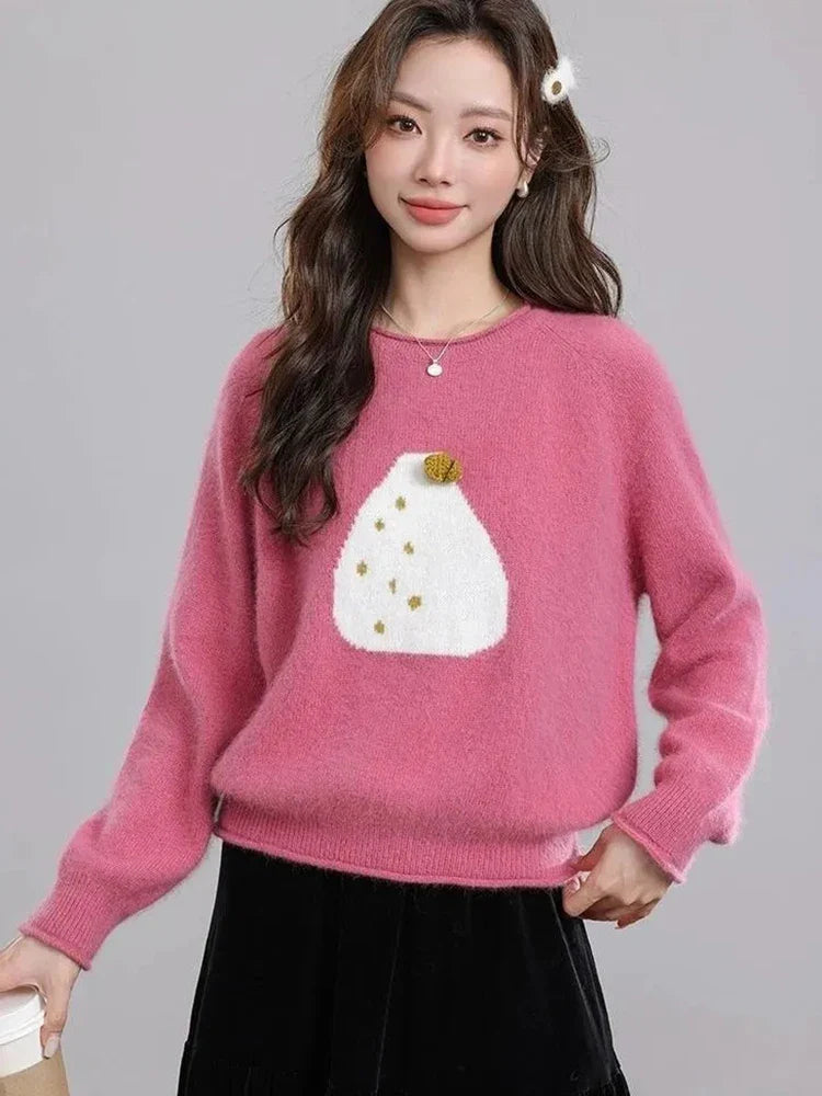Chic Print Sweet Sweaters Women Casual Preppy Style Cute O Neck Pullover Loose Long Sleeve Fashion Fall Winter Korean Jumper New