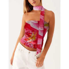 y2k Tube Tops with Scarf Women Sexy Cothes Floral Printed Off Shoulder Strapless T Shirts Bandeau Vest Club Streetwear