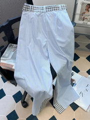 Jmprs Striped Patchwork Pants Women Korean Belt High Waist Straight Trousers Casual Loose Elegant Female Fashion Wide Leg Pants