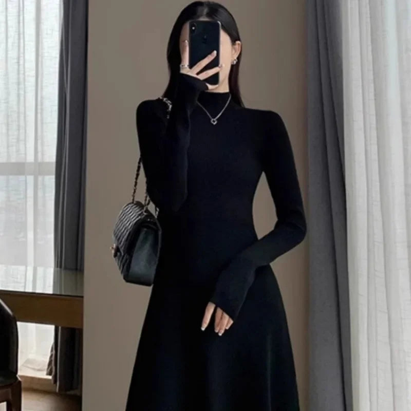 Pbong  Women's Knitted A- Line Mini Dress Hepburn Little Black Dress Autumn Winter Inner Wear Slimming Base Layer Skirt For Coat