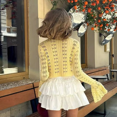 2025 New Knit Flare Sleeve V-neck Hollow Out Short Coat Fashion Casual Button Transparent Summer Cardigan Top Cover-up Jacket