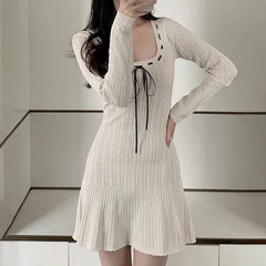 Sweet Square Neck Knitted A-Line Knit Dress