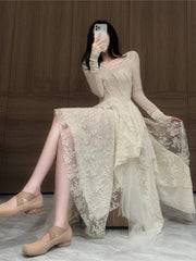 French Elegant Women's Vintage Dress Autumn Winter New Irregular Lace Splicing Evening Long Bridesmaid Party Dress
