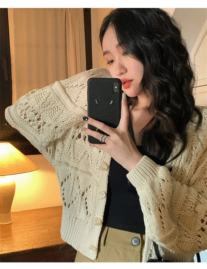 Long Sleeve Pointelle Knit Top Women Sweater Cardigan Sheer Button-up Sweater Jacket blusas para mujer Vacation Boho Outfit