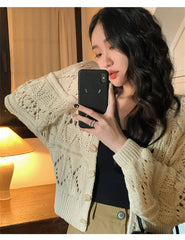 Long Sleeve Pointelle Knit Top Women Sweater Cardigan Sheer Button-up Sweater Jacket blusas para mujer Vacation Boho Outfit