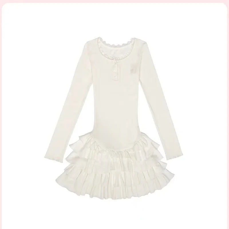 Fall Winter Women Shoujo Girl Ballet Core Long Sleeve Dress Korean Mini Frocks Party One-Piece 2000s Aesthetic Gyaru Coquette