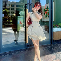 Fashion Square Scarf Windbreaker Tank Dress Retro Street Double Breasted Spring Summer Dress Khaki Female Clothing New